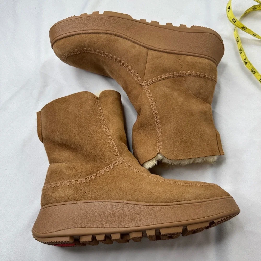 FitFlop Mukluk Short Suede Shearling Boots Tan Platform‎ Womens 11